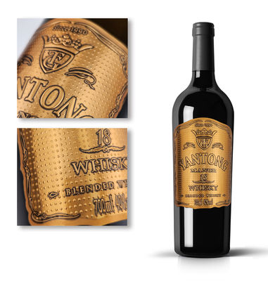 Bom preço Etiquetas em 3D de garrafas de ouro em folha de alumínio em relevo Adesivos metálicos Etiqueta de vinho em metal Impermeável e ecológico on-line